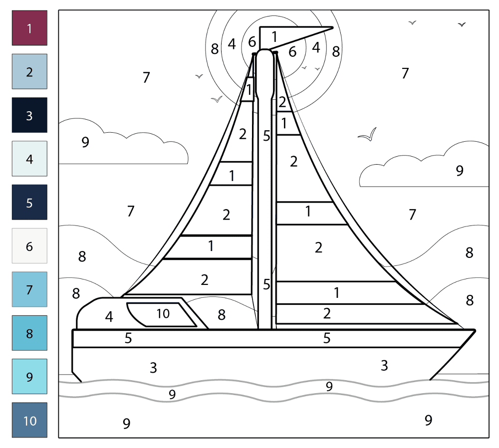 Sailboat 2 Color By Number Coloring Page Md Coloring Page — Free Printable — free printable coloring page